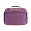 A purple cosmetic organizer bag with a quilted pattern and a gold-toned zipper and handle.