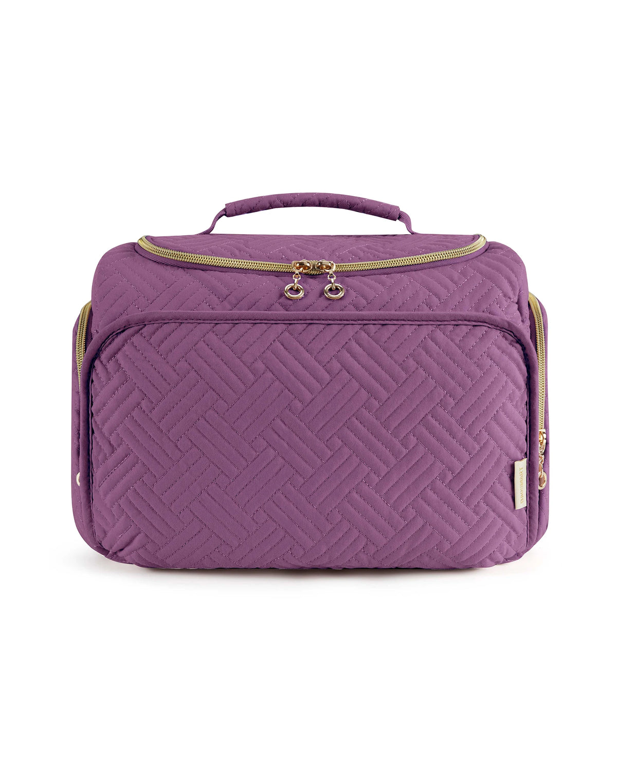 A purple cosmetic organizer bag with a quilted pattern and a gold-toned zipper and handle.