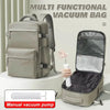A multi-functional vacuum bag travel backpack with a manual vacuum pump visible.