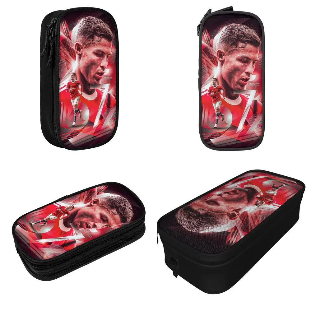 Black luxury leather pencil case featuring a soccer player design on the exterior.