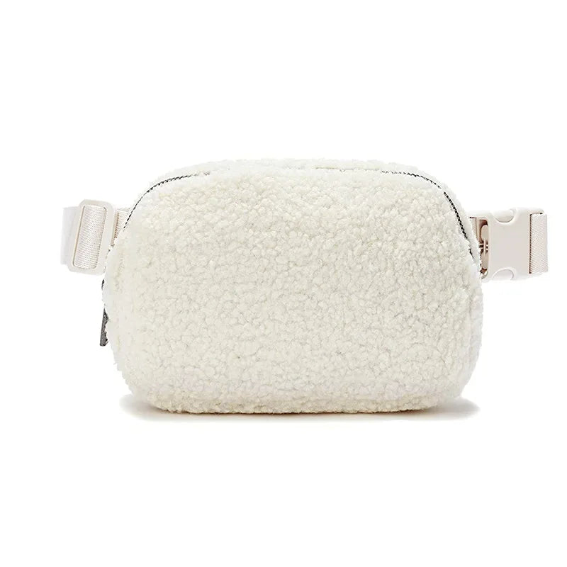 Ivory fleece crossbody belt bag with light beige strap