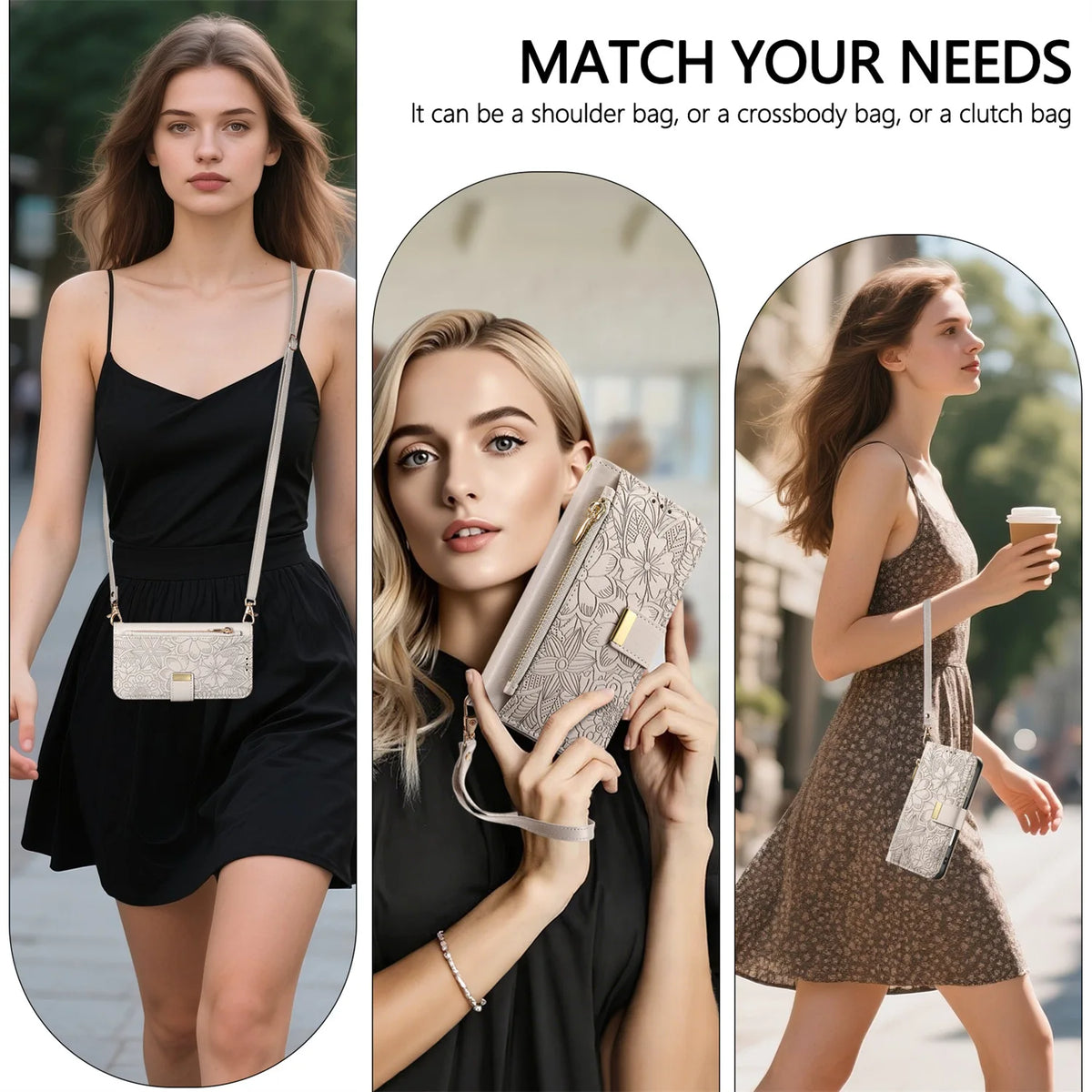 A woman models a beige zippered leather crossbody phone wallet case for iPhone.
