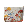 A fabric makeup bag featuring a print of various mushrooms and butterflies on a light background.