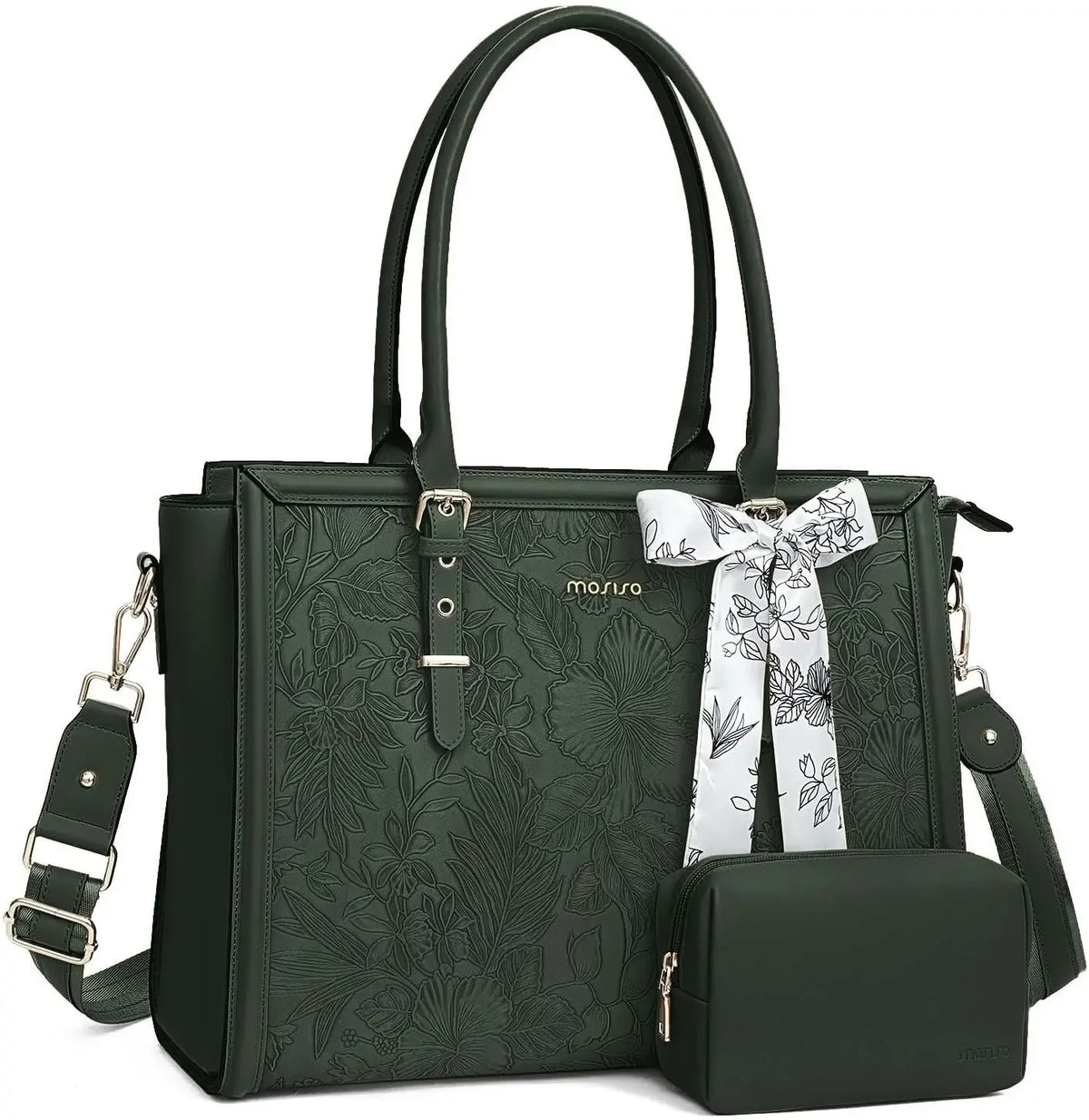 A dark green PU leather laptop tote bag with a floral scarf tied on the handle and a matching clutch.