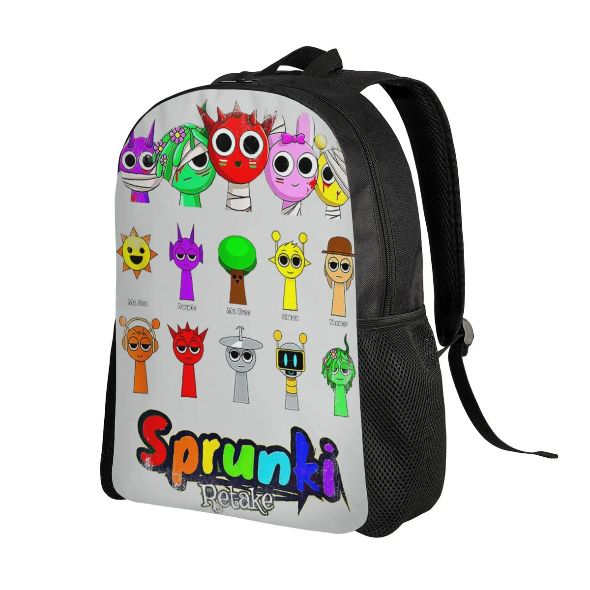 A black backpack decorated with various colorful, cartoon-style character patches.
