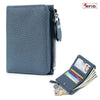 A dark gray genuine leather slim bi-fold wallet with a zipper closure and cash slots.