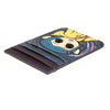 A purple credit card holder featuring a colorful illustration of a woman's face and hair.