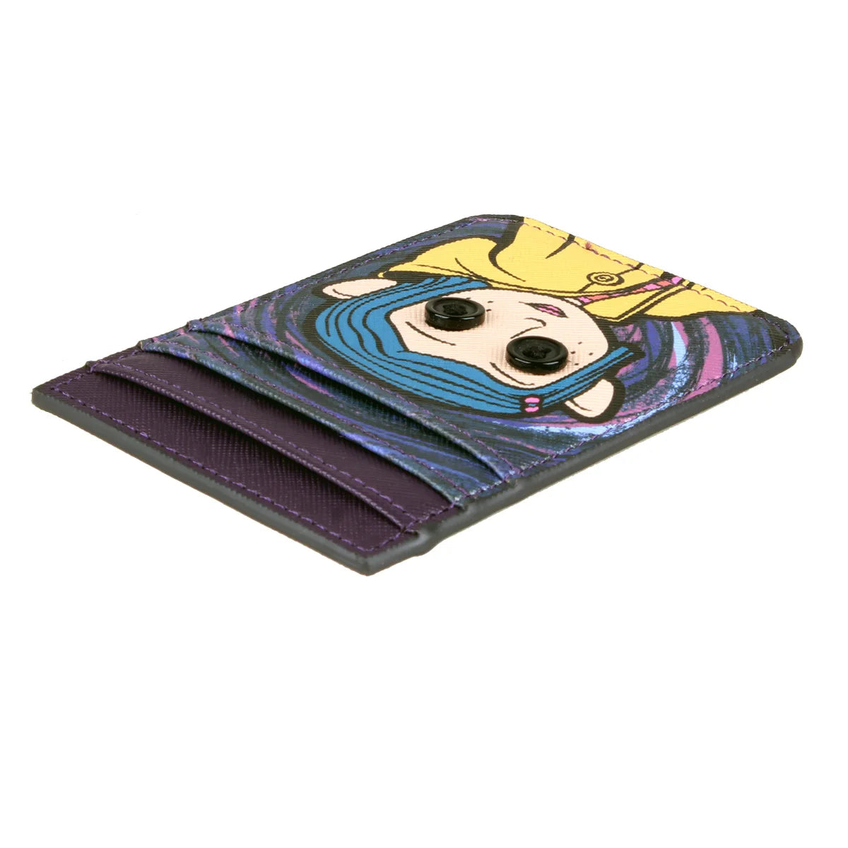 A purple credit card holder featuring a colorful illustration of a woman's face and hair.