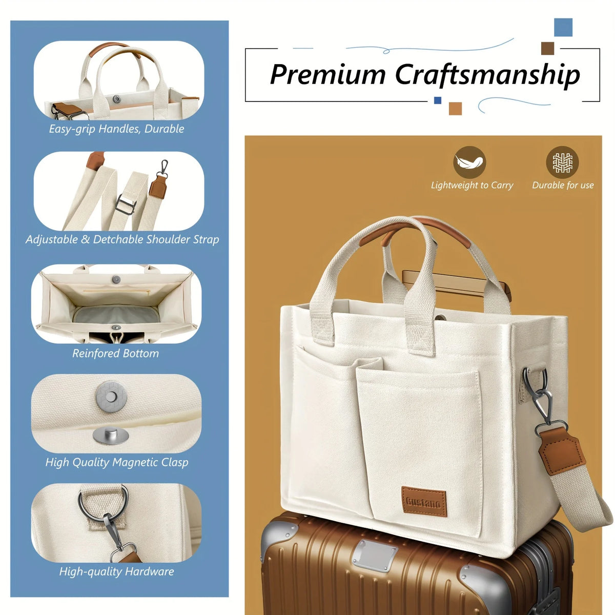 A cream canvas tote handbag with brown leather accents shown next to a suitcase.