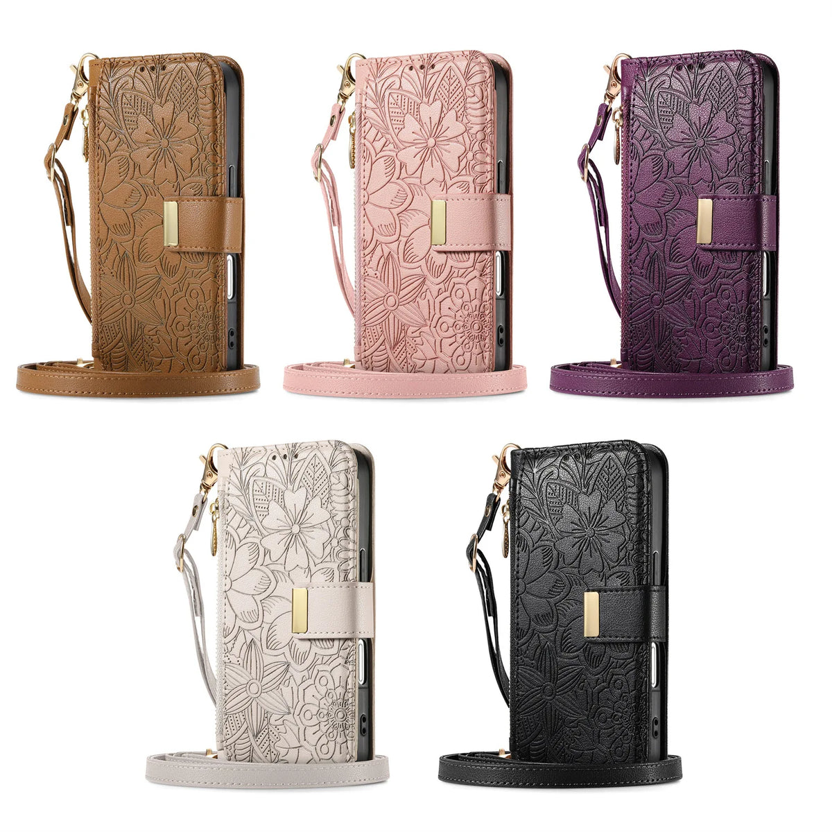 Four versions of a zippered leather crossbody phone wallet case for iPhone in brown, pink, purple, and black.