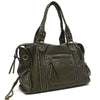 Dunkel olivgrüne Vintage-PU-Leder-Tasche mit mehreren Reißverschlusstaschen und Ledergriffen.