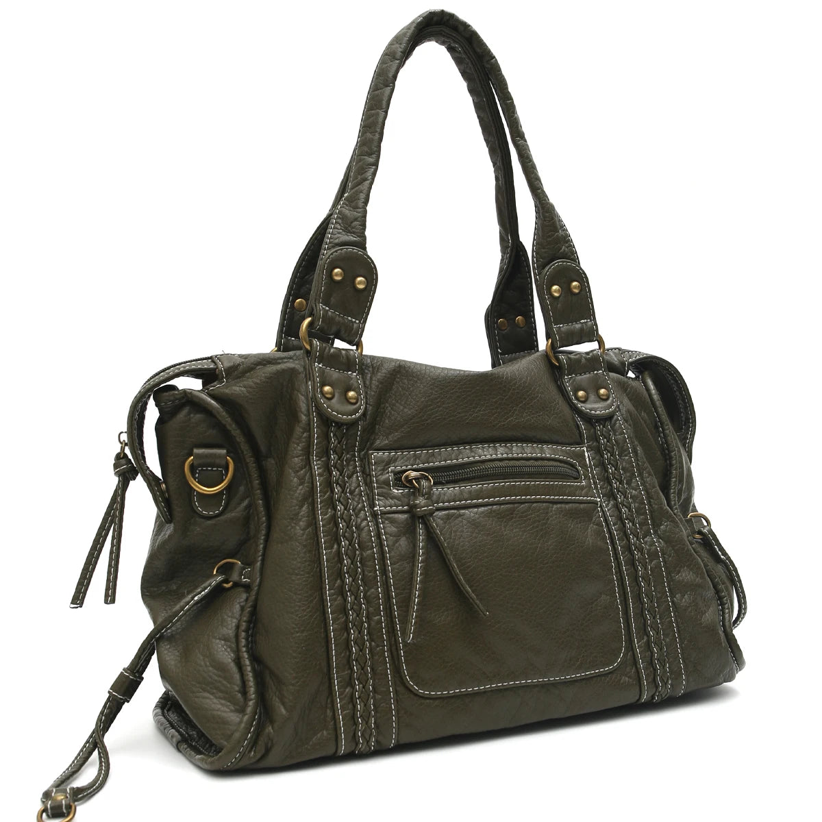 Dunkel olivgrüne Vintage-PU-Leder-Tasche mit mehreren Reißverschlusstaschen und Ledergriffen.