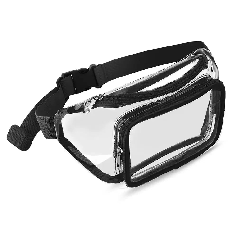Clear waterproof transparent fanny pack with a black strap and zipper.