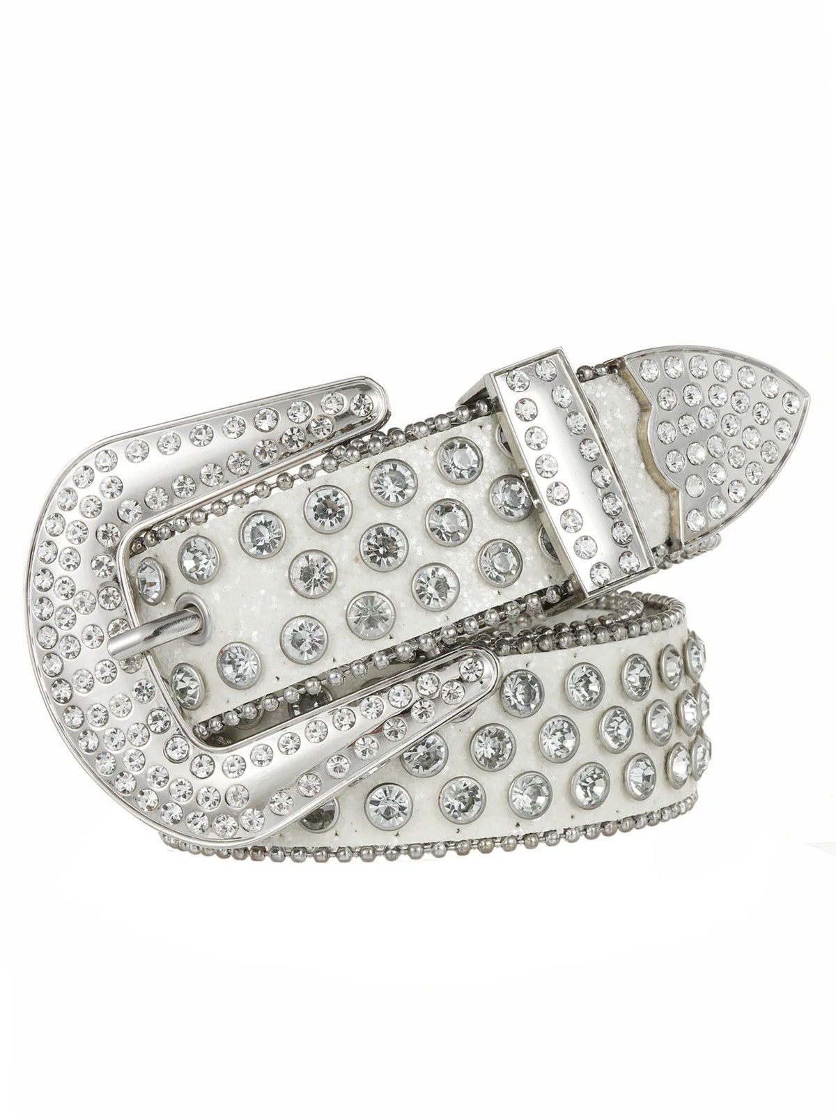 Silver decorative western buckle belt featuring pave-set clear stones and a textured finish.
