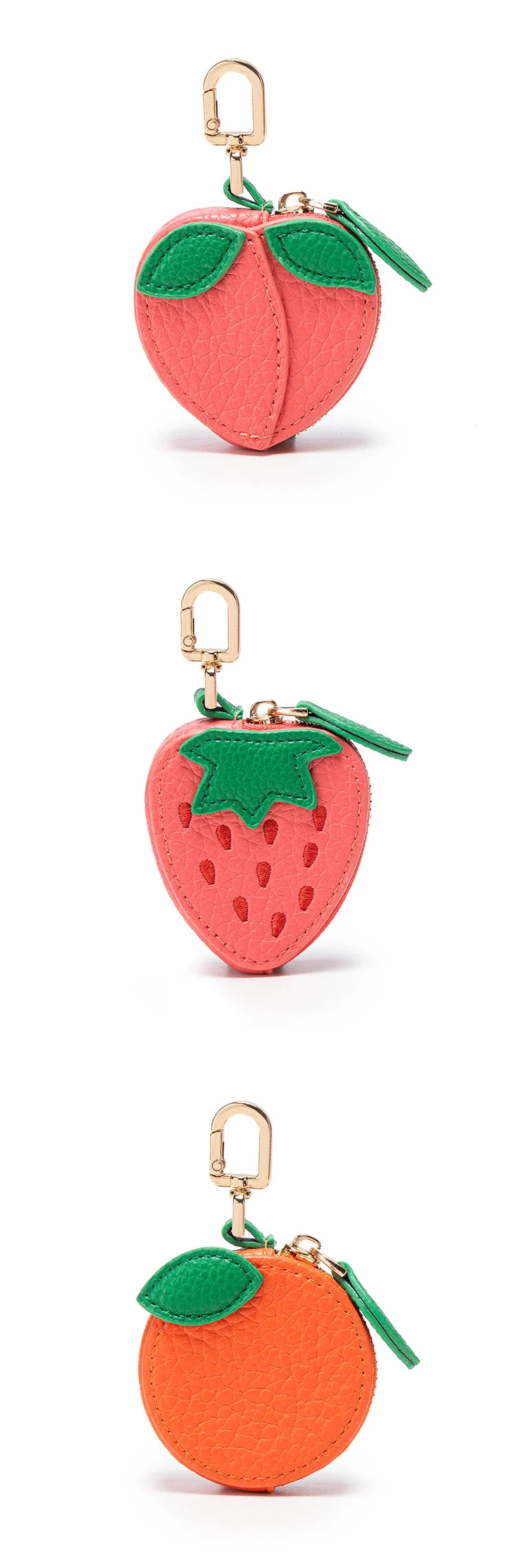 A keychain featuring a strawberry-shaped coin purse with pink and green colors.