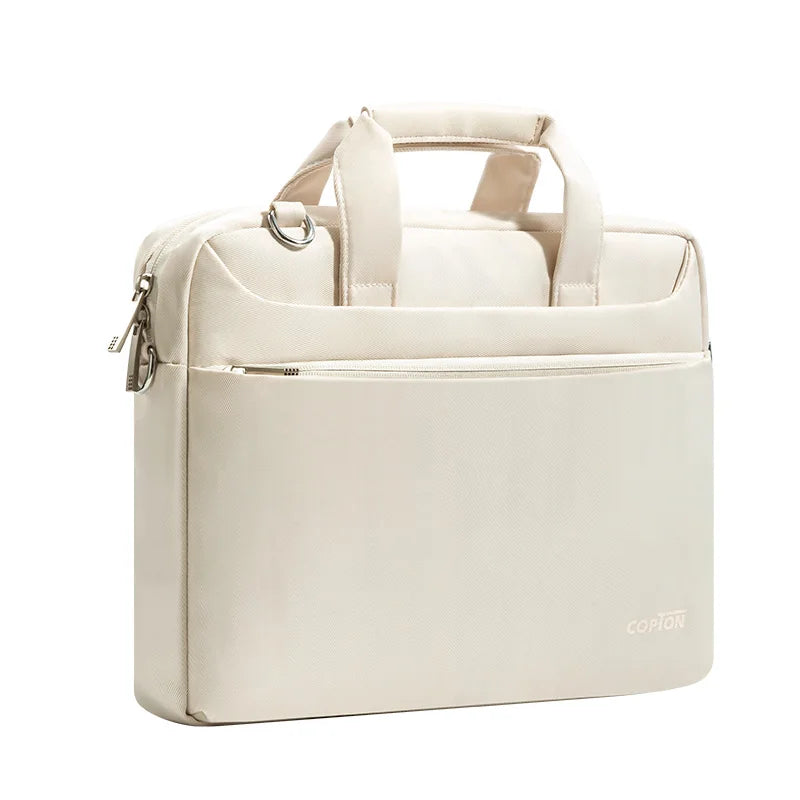 A beige premium laptop sleeve with padded protection and carrying handles.