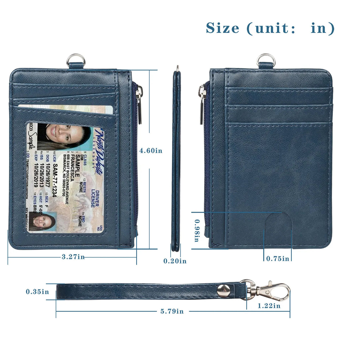Dunkelblaue Premium-PU-Leder-Ausweiskartenhalter mit Lanyard und Lederriemen.