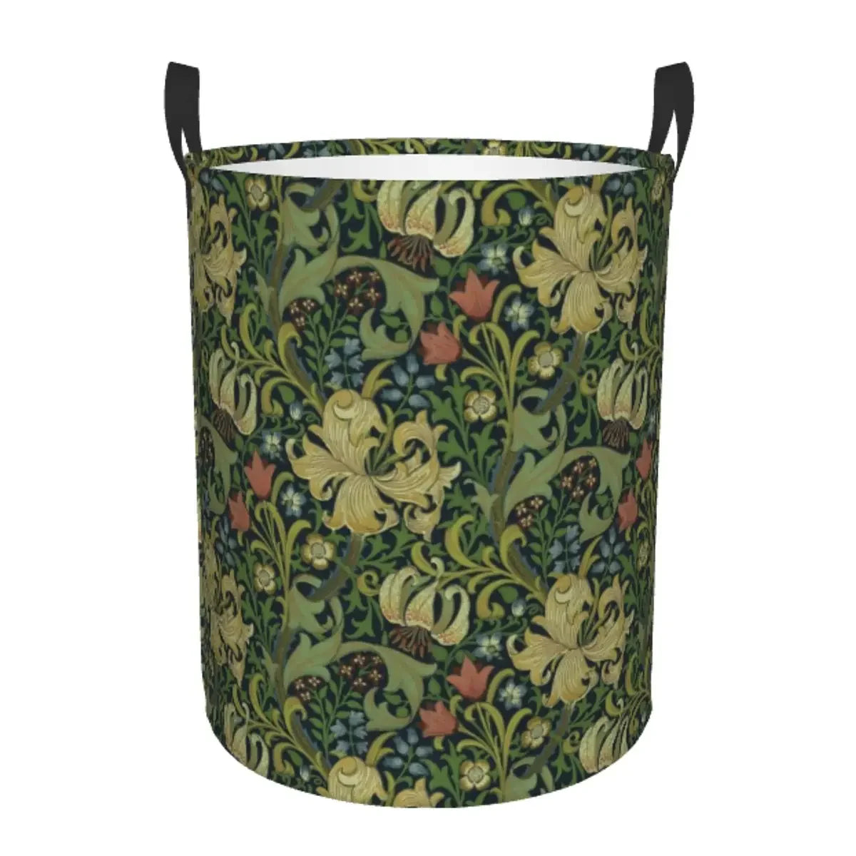 A large, foldable laundry hamper made of fabric featuring a vintage William Morris floral pattern in shades of green and gold