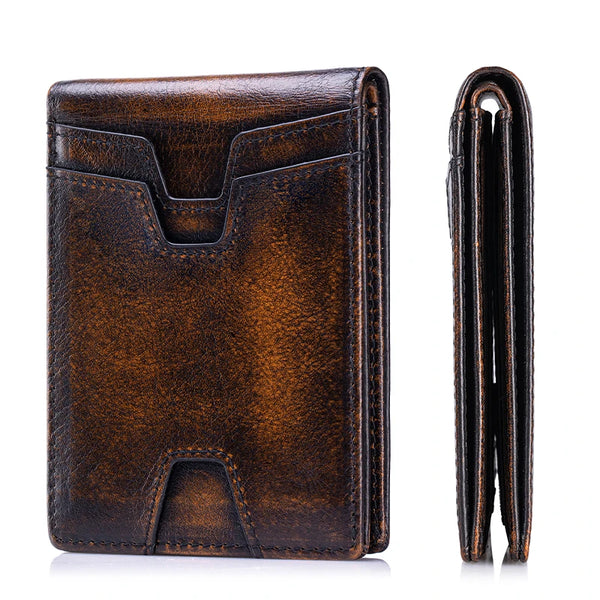 A brown leather wallet shown folded and unfolded, featuring RFID blocking technology.