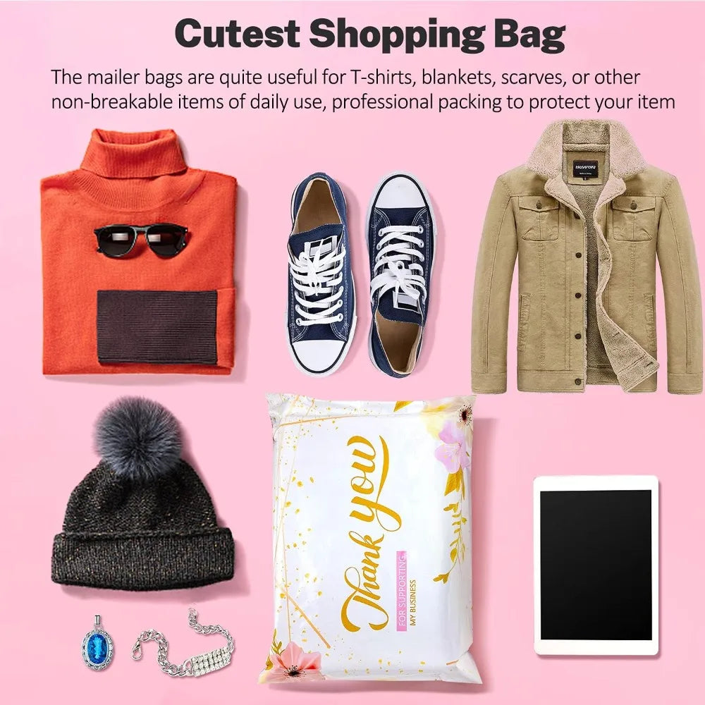 A collection of items including a red shirt, sunglasses, shoes, a jacket, a hat, and a thank you gift bag.