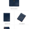 Cartera delgada azul oscuro con diseño de fibra de carbono texturizada, vista desde varios ángulos.
