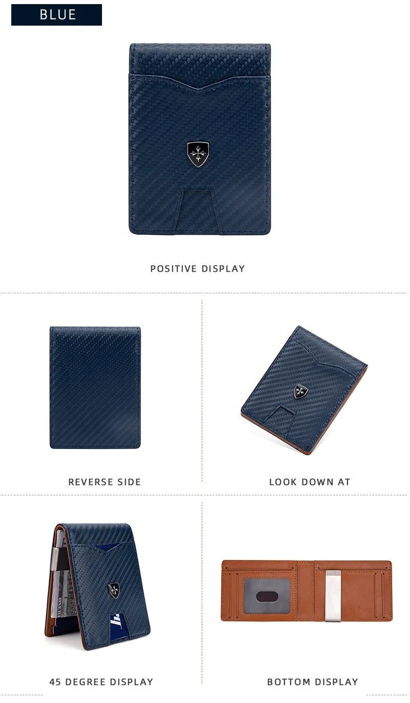 Cartera delgada azul oscuro con diseño de fibra de carbono texturizada, vista desde varios ángulos.