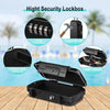 A black portable travel lockbox is shown open, highlighting its rugged ABS shell, 4 digit combination, and protective feature