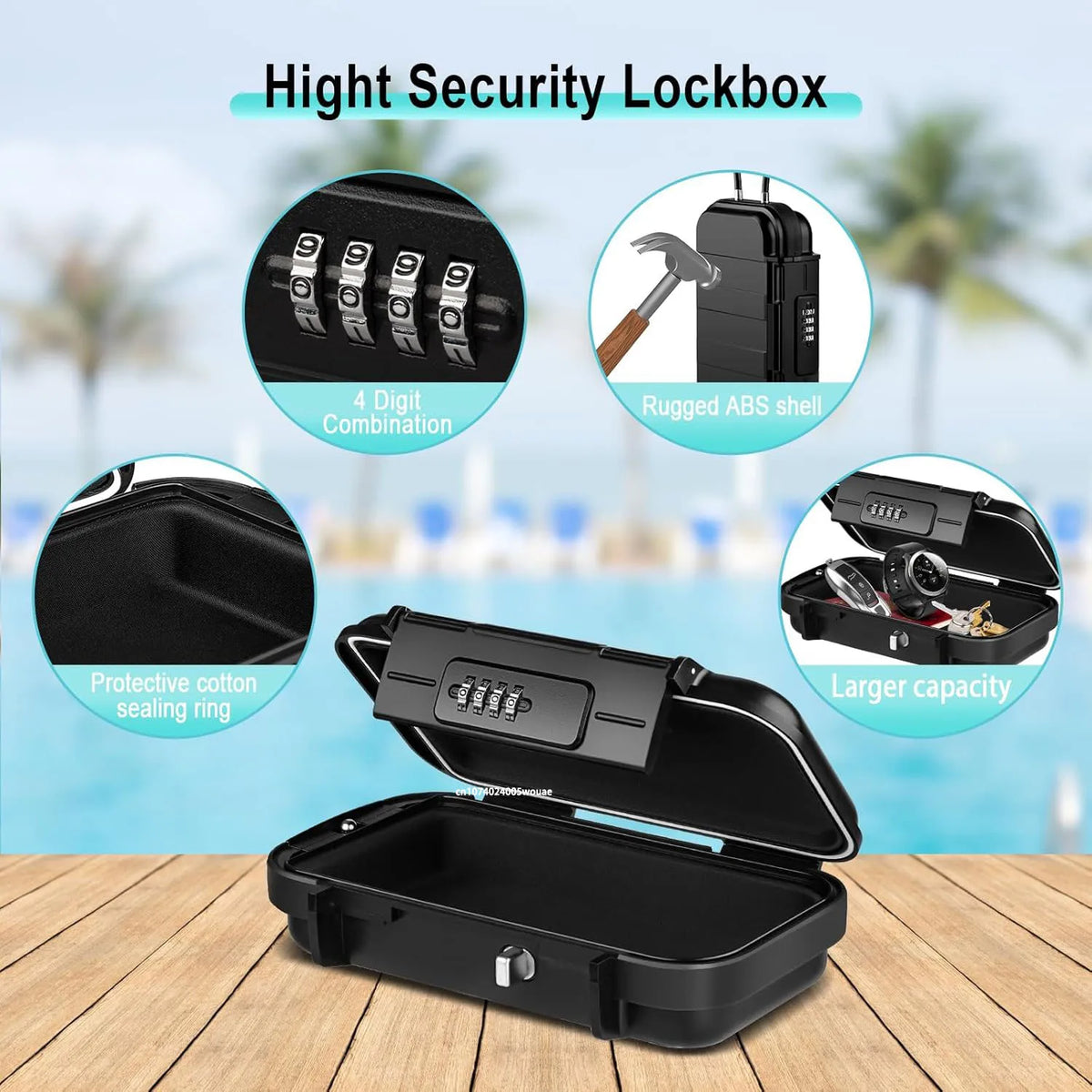 A black portable travel lockbox is shown open, highlighting its rugged ABS shell, 4 digit combination, and protective feature