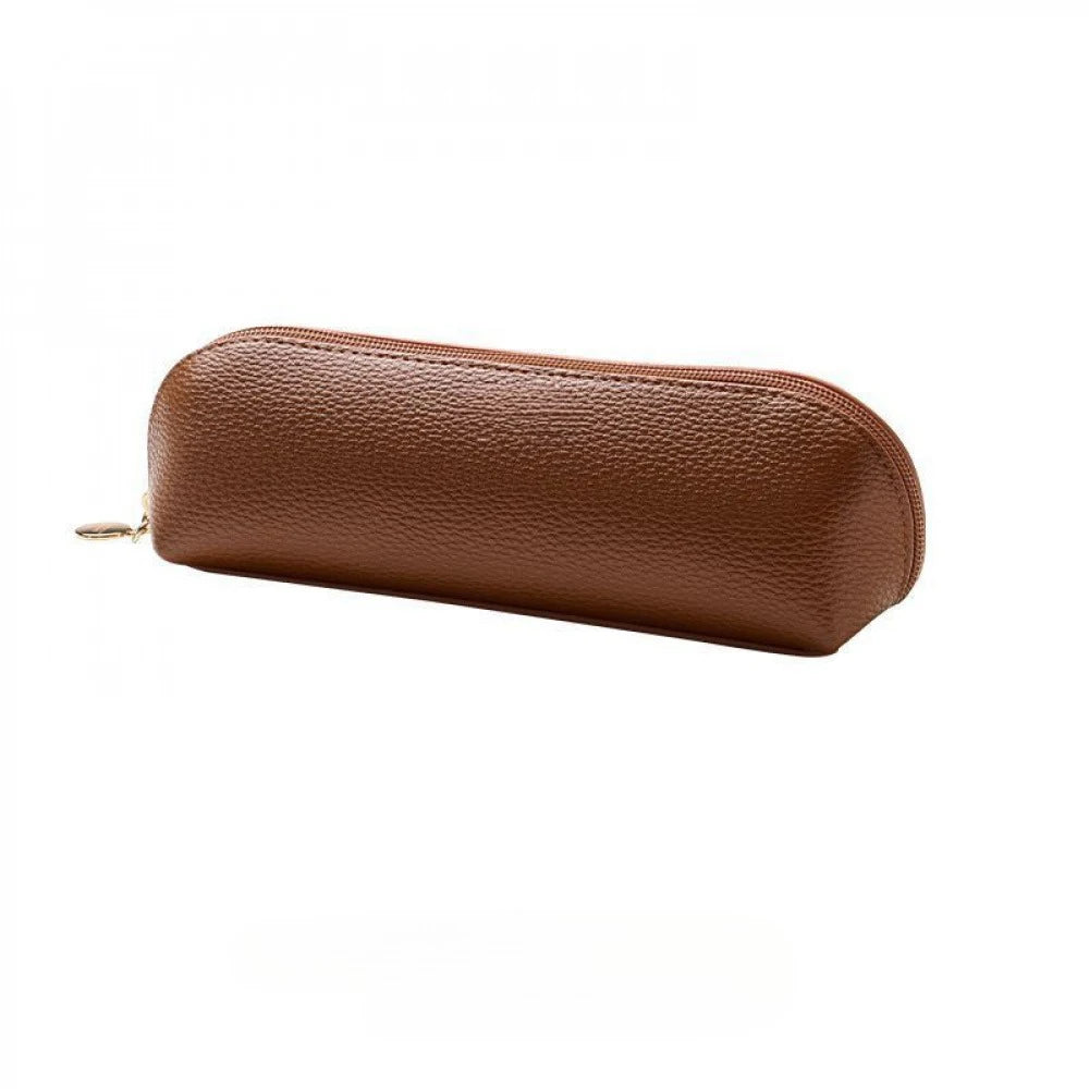 A brown leather makeup and pencil pouch with a smooth texture.