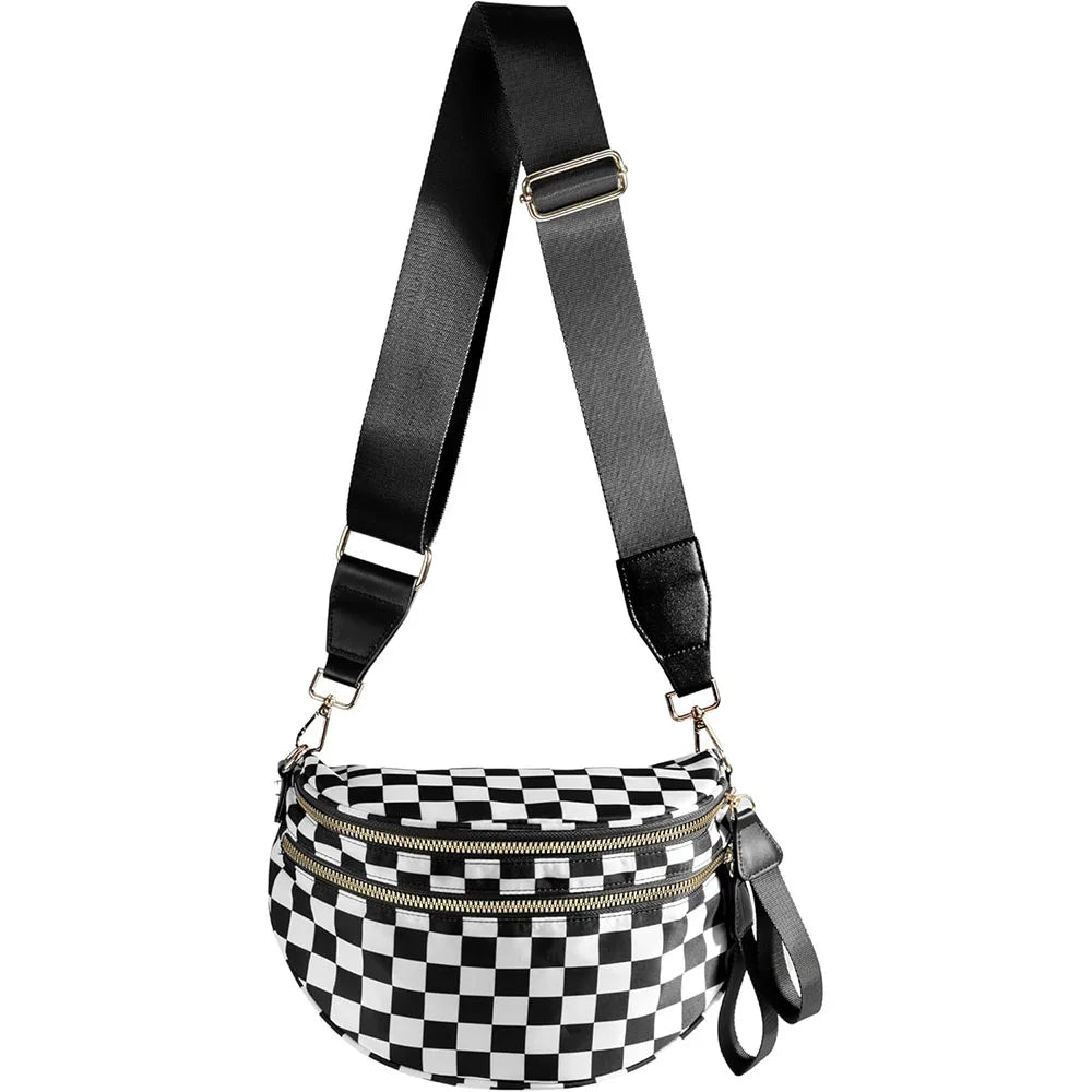 Black and white checkered crossbody sling bag with an adjustable black strap
