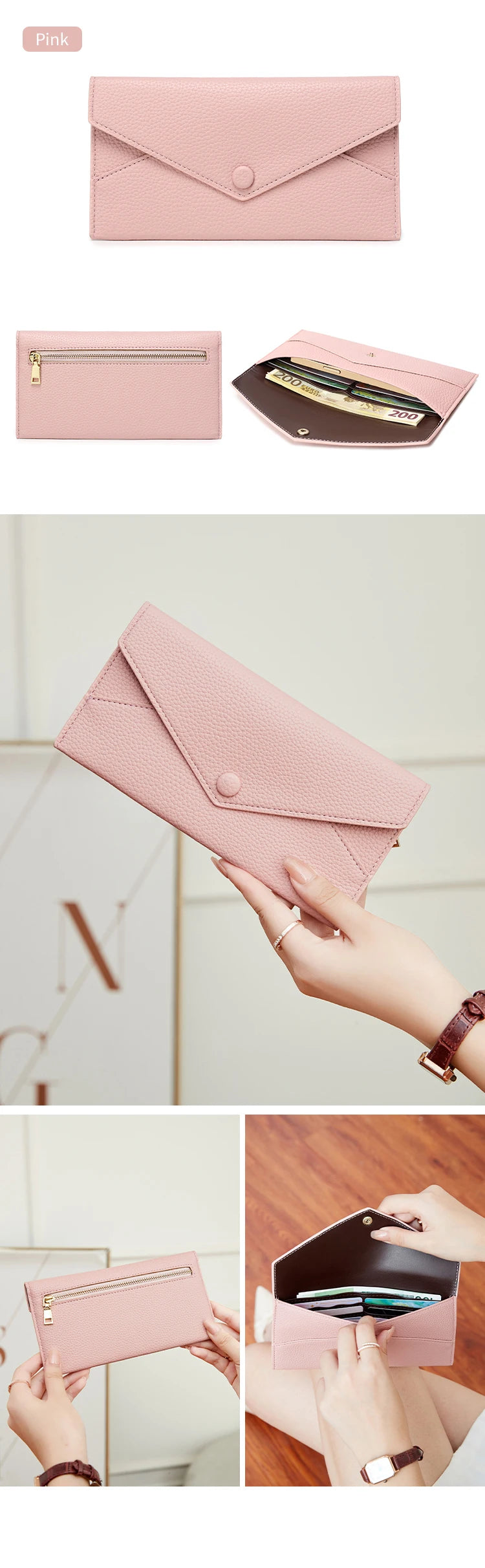 Pinkes minimalistisches Kunstleder-Münzwallet in verschiedenen Formen, darunter ein gefaltetes Kartenetui und eine Clutch.
