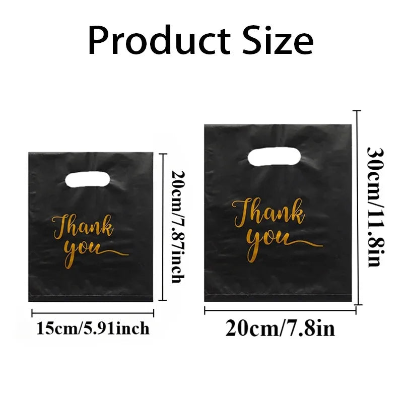 Two black thank you gift bags shown with their dimensions labeled.