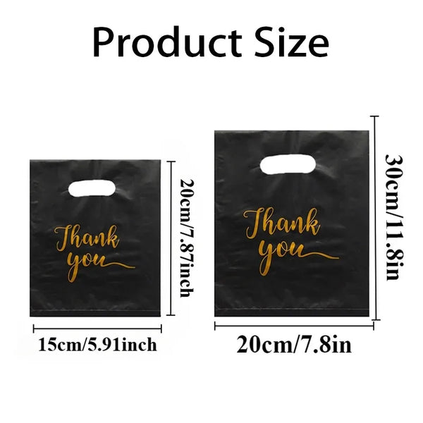 Two black thank you gift bags shown with their dimensions labeled.