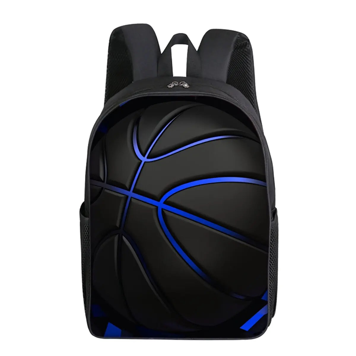 Black backpack with a blue basketball design and mesh straps