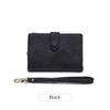 Black women's multi-slot frosted card wallet shown with a detached leather strap.