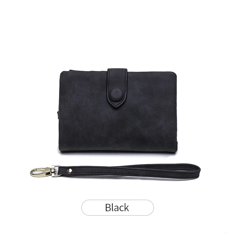 Black women's multi-slot frosted card wallet shown with a detached leather strap.
