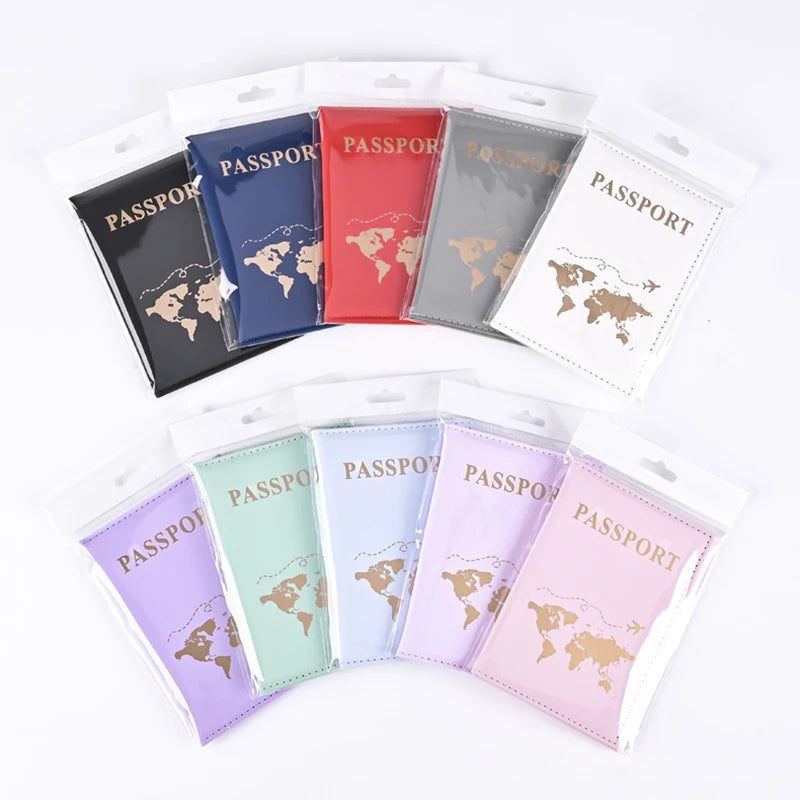 A collection of elegant PU leather passport holder wallets in various colors including blue, red, gray, and pink.