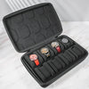 A black premium leather watch organizer travel case with multiple compartments for storing watches.