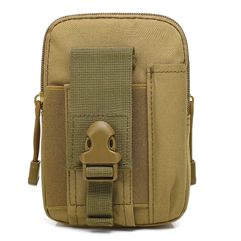Olive green tactical MOLLE waist pouch with a flap closure and phone pocket