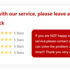 A customer feedback form asking for 5-star reviews on service aspects like item description, communication, dispatch time, an