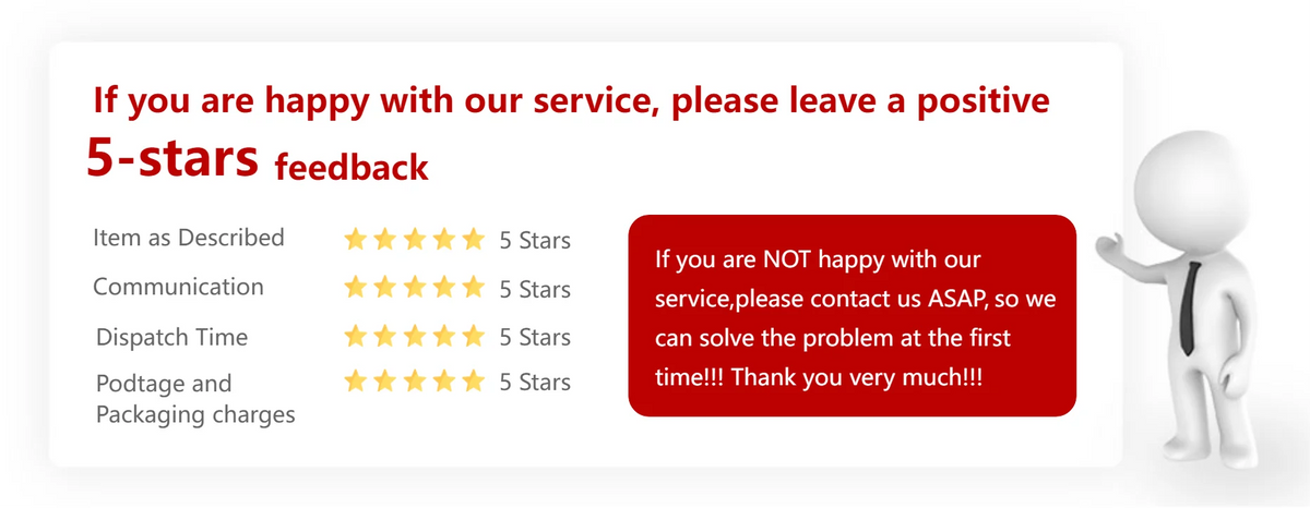 A customer feedback form asking for 5-star reviews on service aspects like item description, communication, dispatch time, an