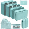A set of teal fabric storage organizers and pouches for organizing various items.