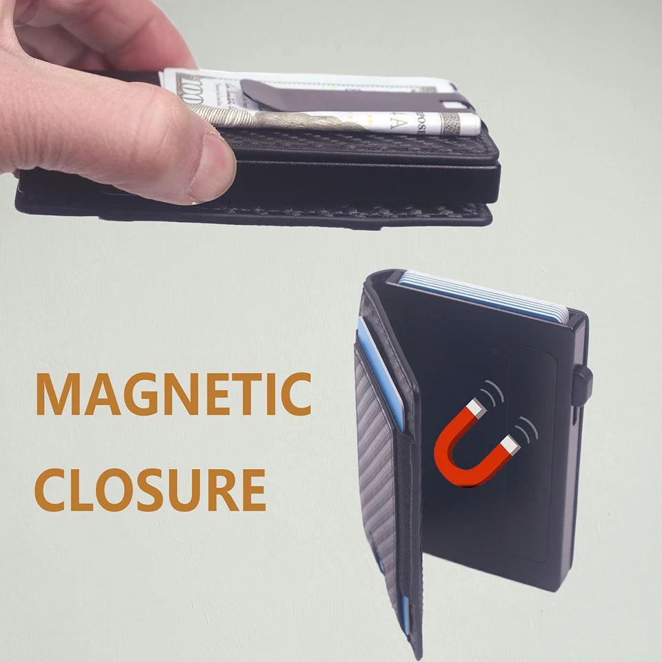 A hand holds a black slim aluminum wallet with a magnetic closure, showing cash inside.