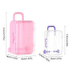 A pink miniature doll suitcase with a handle and a clear plastic lid.