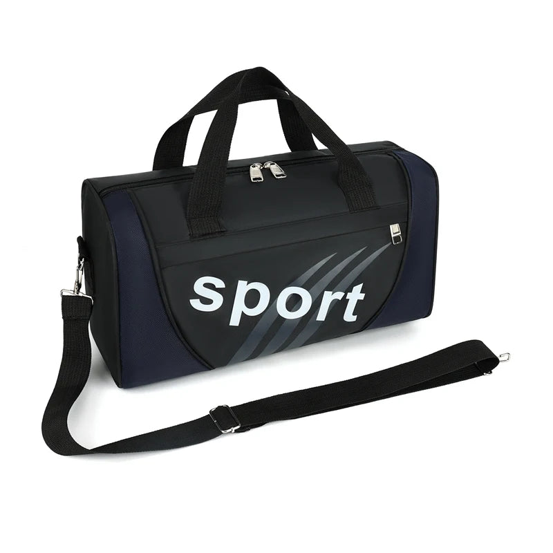 A black and navy sport travel backpack with a shoulder strap is shown.