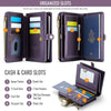 Cartera elegante morada para pasaporte con varios compartimentos para tarjetas, efectivo y documentos.