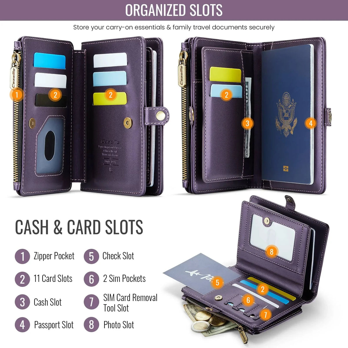 Cartera elegante morada para pasaporte con varios compartimentos para tarjetas, efectivo y documentos.