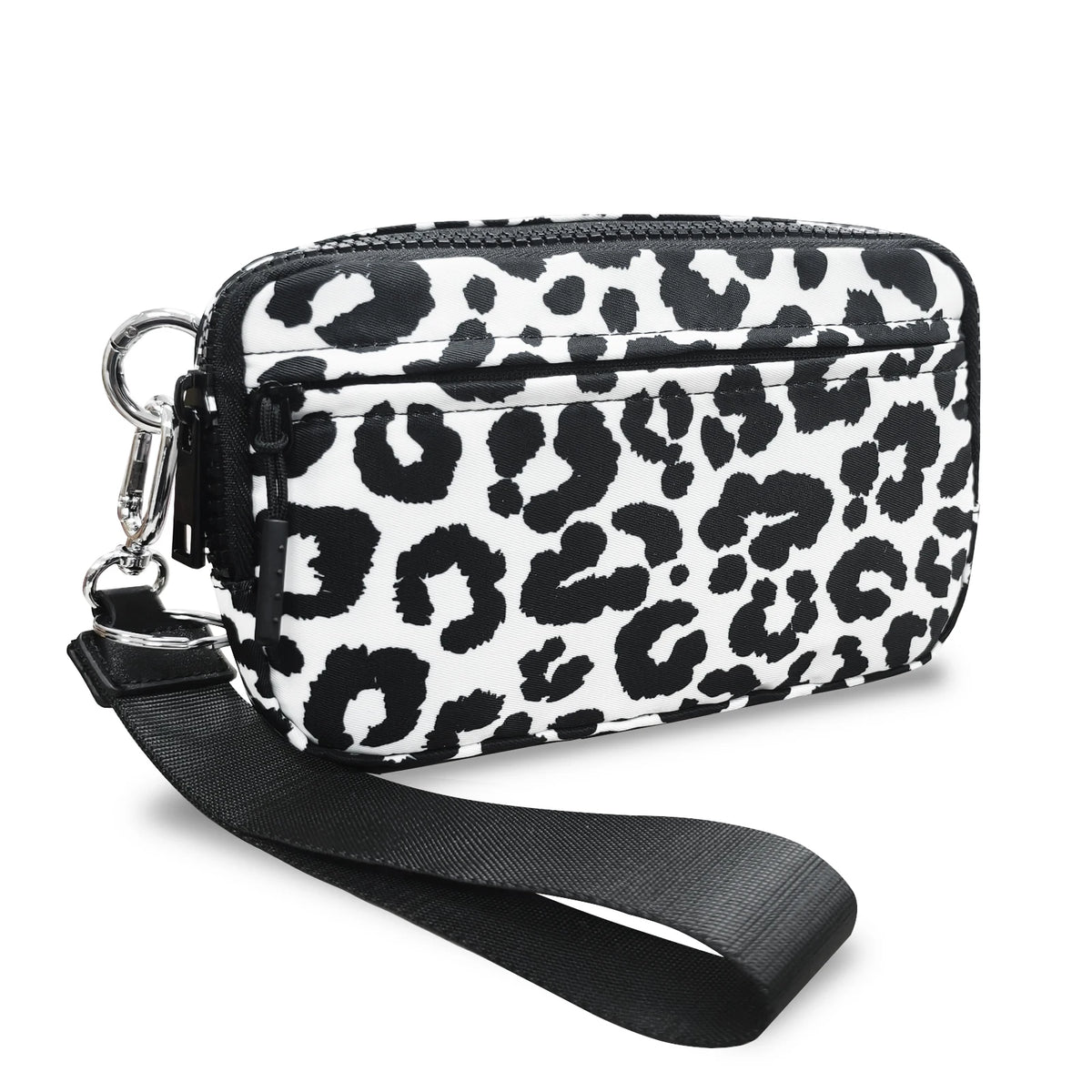 Black and white leopard print multi-card wallet with a clear ID window