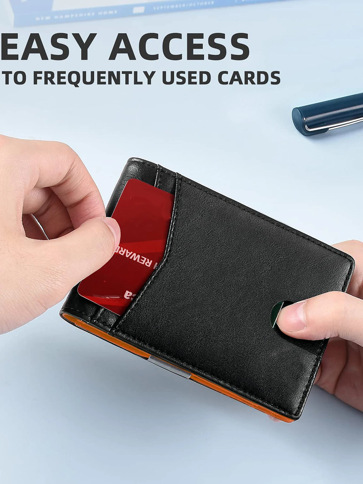 A hand holds a black card wallet with a red reward card inside, demonstrating easy access to frequently used cards.