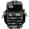 A tactical backpack featuring a camouflage pattern, an American flag patch, and MOLLE webbing.